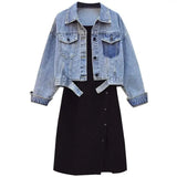 Zingj 2024 New Large Size Women's Denim Jacket Dress Two Suits Age Reduction Show Thin And Loose Tide-Outfit