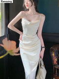 Women Corset Ruched Midi Dress Summer Spaghetti Strap Sexy Bodycon Elegant Prom Party Slim One Piece Clothes
