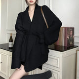 Zingj Pound Waist Strap Design Loose Large Size V Collar Cardigan Coat Female Autumn New Languid Lazy Wind
