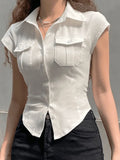 Pocket Button Down Cropped Blouse-Outfit