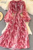 Women Printed Long Dress Vintage Ruffle Stand Collar Puff Sleeve High Waist Elegant Maxi Robe Female Big Swing