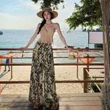Zingj Spot 2024 Ink Painting Leaves Chiffon Wide Leg Pants Open Fork High Waist Show Thin Pants Pants Sun