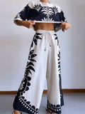 Printed Pants 2 Piece Sets Women Fashion O Neck Short Sleeved Cropped Tops And Wide Legs Pant Suits Lady Causal