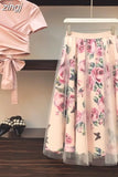 Fresh Chiffon Skirt Elegant Short Sleeve Bowknot Tops Floral Mid-length High Waist Slim Two-piece Suit Shirt Skirt