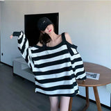 Striped Sweatshirt Women Harajuku Gothic Hoodie Clothes Cotton Korean Long Sleeve Off Shoulder Kawaii Tops Oversize