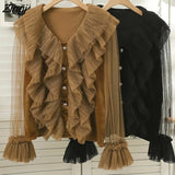 Style Vintage Velvet Blouse Women Elegant Ruffles Mesh Shirt Autumn Office Ladies Button Long Sleeve Oversized Shirt