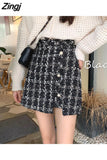 Women Wool Plaid Buttons Slit A-line Anti-glare Luxury Elegant Office Ladies Bodycon Leisure Ulzzang Korean Mini