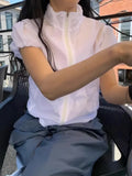 Thin Sun Protection Short Sleeve Jackets Vintage Slim Stand Neck Coat Casual Zipper Y2k Aesthetic Cargo Solid
