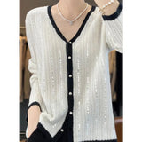 2025 New Cardigan Women's V-Necked Squints Sweater Jacket Loose Pearl Buckle Knitting