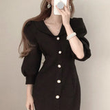 Zingj Wind Chic Minimalist Temperament Lapel Single Breasted Waist Bubble Sleeve Package Hip Fish Tail Dress Dress