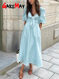 Women's Summer Cotton Linen Dress Sexy A-line Casual Elegant Long Midi Dress Puff Sleeve Vintage Dresses for Women