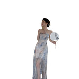 Zingj Neck Print Halter Dress Spring 2023 New Women's Chiffon Open Slit Back Dress
