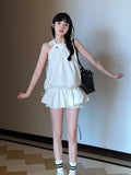 Aging Simple Temperament Suit Women's Summer Design Sense Hanging Neck Blouse Waist Fluffy Half Skirt Two