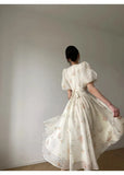 Print Long Dresses for Women 2023 New Summer French V-neck Beading Puffy Sleeve Female Clothes Elegant Party Slim