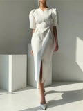 Women Short Puff Sleeve Summer Dress 2022 Korea Style Office Lady One Piece Slim Waist Female Fashion Clothes