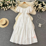One-Word Collar Dress Women's High-End Lotus Leaf Edge French Embroidery Hollowed-Out Shoulder Waist Holiday
