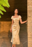 Party Midi Dresses for Women 2023 Summer Square Collar Slim Prom Female Clothes Wedding Evening Satin Dress New