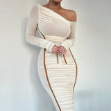 Zingj 2024 The New Women's Long Sleeve Mesh Splicing Inclined Shoulder Long Temperament Pleated Dress