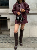 Fall 2024 Fashion New Retro Design Sense Wine Red Leather Coat Short Skirt Suit Girl-Outfit