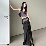 Zingj Summer New Women's Leather Buckle Print Chest Wrapped Small Vest Belt Slit Skirt-Outfit
