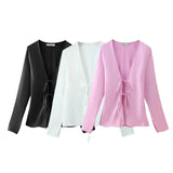 Bowknot Silk Satin Long-Sleeved Shirt In