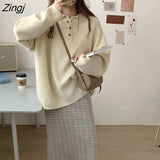 Women Turn-down Collar Loose Teens College Simple All-match Fashionable Basic Spring Autumn Sweater Prevalent Ins