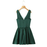 Green Stain Pleated V-neck Mini Dress- Outfit