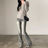 Solid Color V-Neck Elastic Knitted Tee Outfit