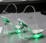 Square Heels Glowing Sandals Women Summer LED Flowers Transparent High Heels Shining Platform Thick Heel Ladies Banquet