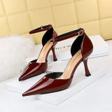 Zingj Simple Wine Glass With Super High Heel Shallow Pointed Patent Leather Sexy Hollow Shoes One Word Belt
