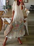 Solid Ruffles Pleated Long Party Dress Women Short Sleeve Loose Casual Dress2025 Autumn V Neck Tassel Hollow Out Dresses 211-1-Outfit