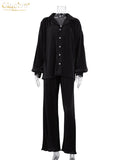 Casual High Wasit Pants Set Women Autumn Long Sleeve Blouses Matching Wide Trousers Suit Green Pleated 2 Piece Pant