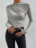 Summer Solid Color Round Collar Repair Shirt Bran Folding Design Women's Long-Sleeved