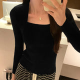 Retro Style Pure Desire Square Collar Slim Long-Sleeved Pullover Sweater With Sexy Bottom In Autumn And