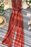 Women Hollow Out Lace Romper Female Black/Yellow/Red Round Neck Sleeveless High Waist Patchwork Wide Leg Jumpsuits