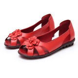 Flower Open Toe Summer Sandals Hollow Soft Genuine Leather Women's Shoes Flat Comfortable Fashion Sandals Large