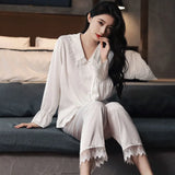Women Pajamas Sets Sexy Lace Turn-Down Collar Pyjamas Sleep Suit Spring Summer Rayon Nightwear Casual Sleepwear Home