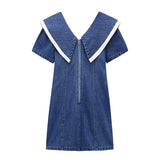 Clothing Denim Dress Vintage V Neck Bow Short Sleeve Casual Fashion High Waist Baggy A-Line Short Skirt Ladies