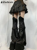 SUCHCUTE Gothic Leather Patchwork Mini Skirts With Trouser Leg Women Lolita Grunge Skirt Dark Academic Streetwear Punk