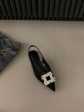 Zingj Flat Black Head Sandals Fairy Shoes 2023 New Spring And Summer Pointed Rhinestone Temperament Single