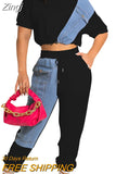 Workout Jean Patchwork Women Two 2 Piece Set Outfits Sweatsuit 2023 Summer Tee and Jogger Pants Matching Set