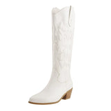 Onlymaker Women White Knee High Boots Western Cowboy Boots Wide Calf Embroidered Pointed Toe Block Heel Pull-On Cowgirl