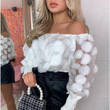 Off Shoulder womens tops and blouses Mesh Sheer Puff Sleeve Tops Summer 3D Flower Vintage White Women Shirt