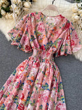 Women Floral Printed Long Dress Sexy V-Neck Short Sleeve High Waist Ruffle Beach Vacation Vestidos Female Maxi Robe