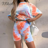 Women Set Summer Tie Dye Short Sleeve Top Shirt Loose And Biker Shorts Casual Two Piece Set Streetwear Outfits