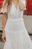 Dress Women Sexy White Dress Female Fashion V Neck Short Sleeves Summer Dress Ladies Hollow Out Maxi Dress Robe