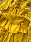 Autumn Women Irregular Ruffle Draped Midi Dress Vintage Yellow/Blue/Red O-Neck Puff Long Sleeve Vacation Beach Robe