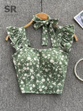 Zingj Summer Floral Strap Tops Women Square Neck Bow Ruffles Short Camisole Fashion Korean Flower Ladies Elastic Waist Top 211-0-Outfit