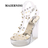 Roman Rivet Sandals Women Crystal High Heel 13cm Silver Female Sandals Sexy Waterproof Platform Steel Pipe Model Show