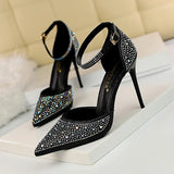 Zingj Korean Version Of Sweet High Heels With High Heel Shallow Pointed Hollow Out A Word With Shiny Rhinestone